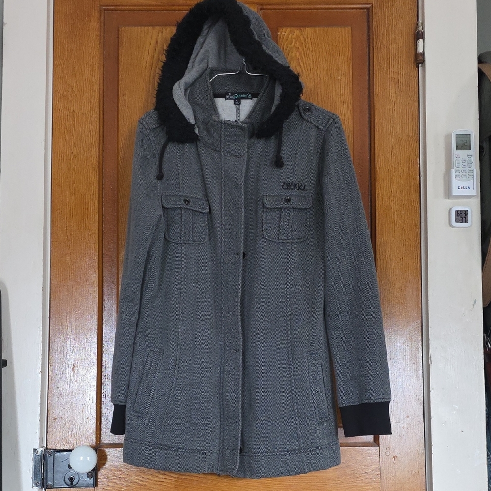 Ezekiel Gray Hooded Coat with Faux Fur Trim Women's Large